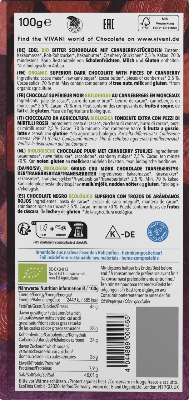 Edel Bitter Cranberry 70% Cacao