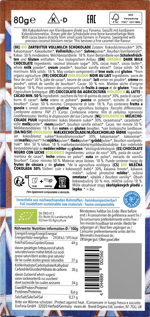 Dunkle Vollmilch 50% Cacao